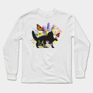 Kitty Cat Playing With Butterfly Floral Garden Long Sleeve T-Shirt